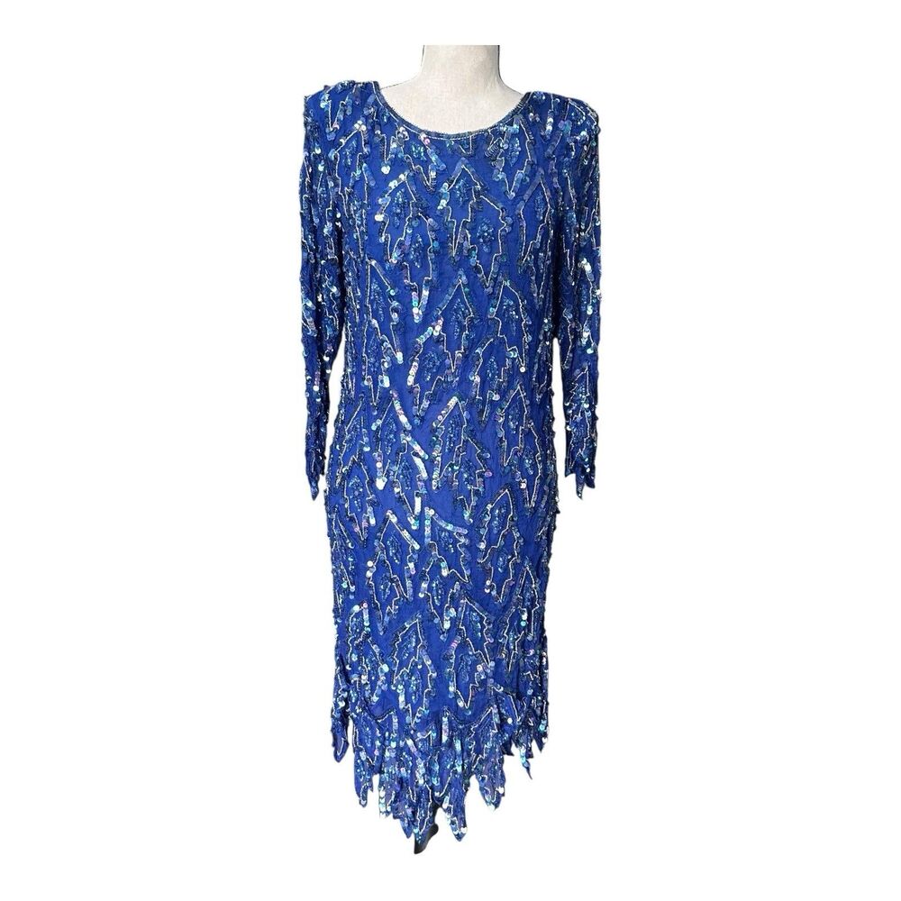 Vintage Scarlet Rage Blue Silk Sequin Beaded Dress | Hand Embellished | 80s Glam